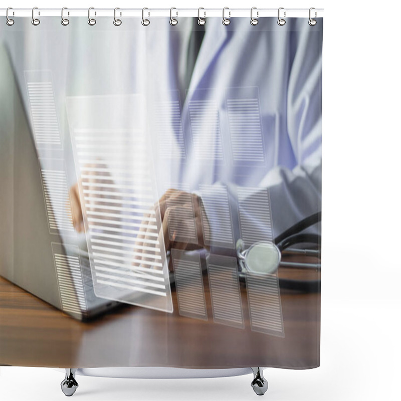 Personality  Doctor Is Working On A Laptop, With Digital Data Futuristic Interfaces Symbolizing Technology And AI In Modern Healthcare For Managing Patient Information And Improving Medical Efficiency. Shower Curtains