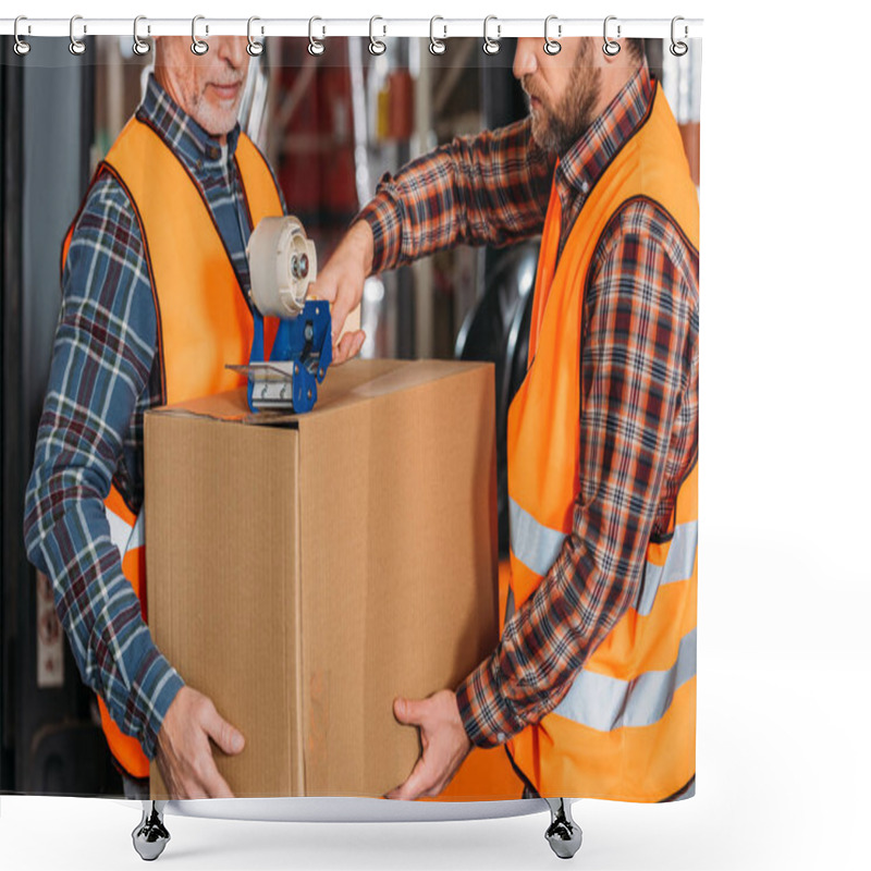 Personality  Cropped View Of Male Workers In Helmets Packing Cardboard Box With Scotch Tape Shower Curtains