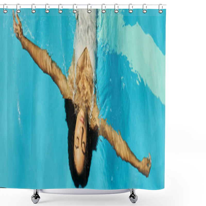 Personality  Top View Of Young African American Woman Swimming On Her Back In Clear Pool Water, Serenity Banner Shower Curtains