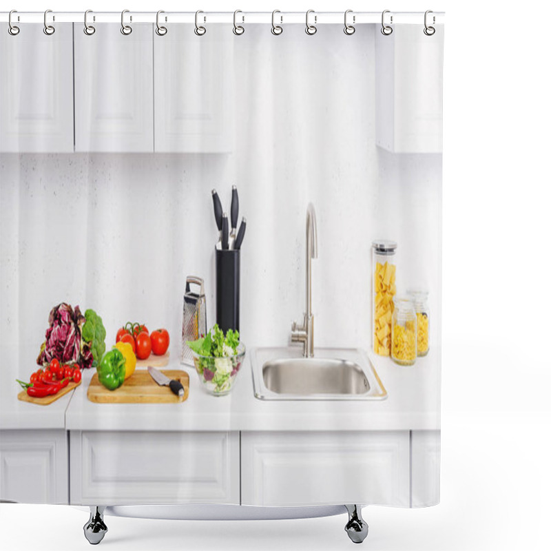 Personality  Cherry Tomatoes And Bell Peppers On Cutting Boards In Light Kitchen  Shower Curtains