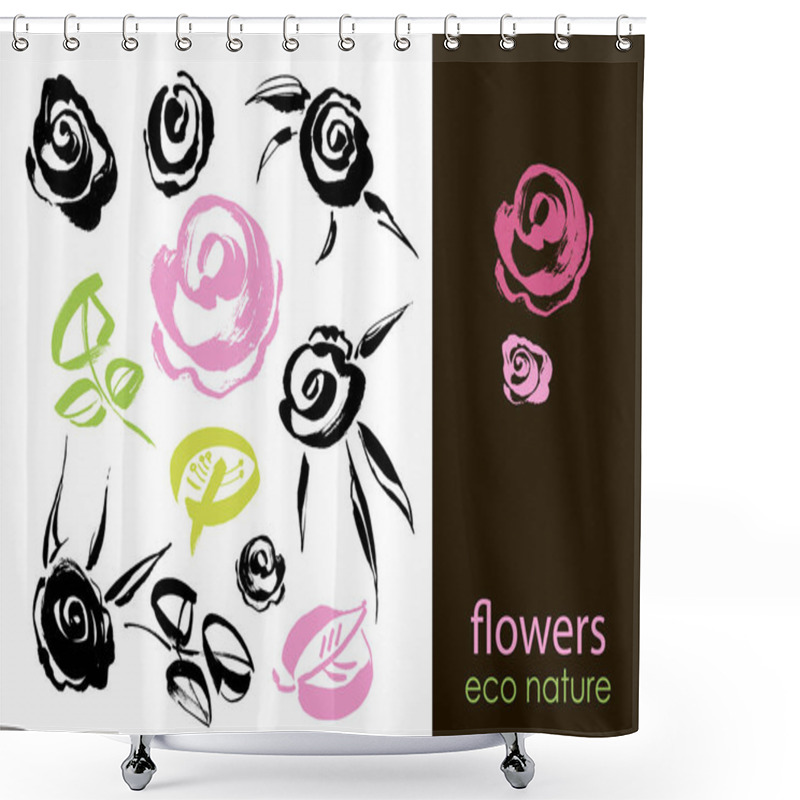 Personality  Set Of Hand Drawn Flowers, Green Leaf, Sketches And Doodles Of Pink Flowers And Plants, Flowers Vector Collection Shower Curtains