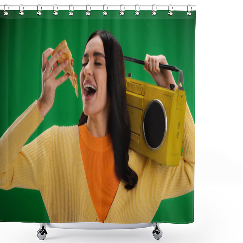 Personality  Hungry Woman With Boombox Holding Piece Of Pizza Near Open Mouth Isolated On Green Shower Curtains