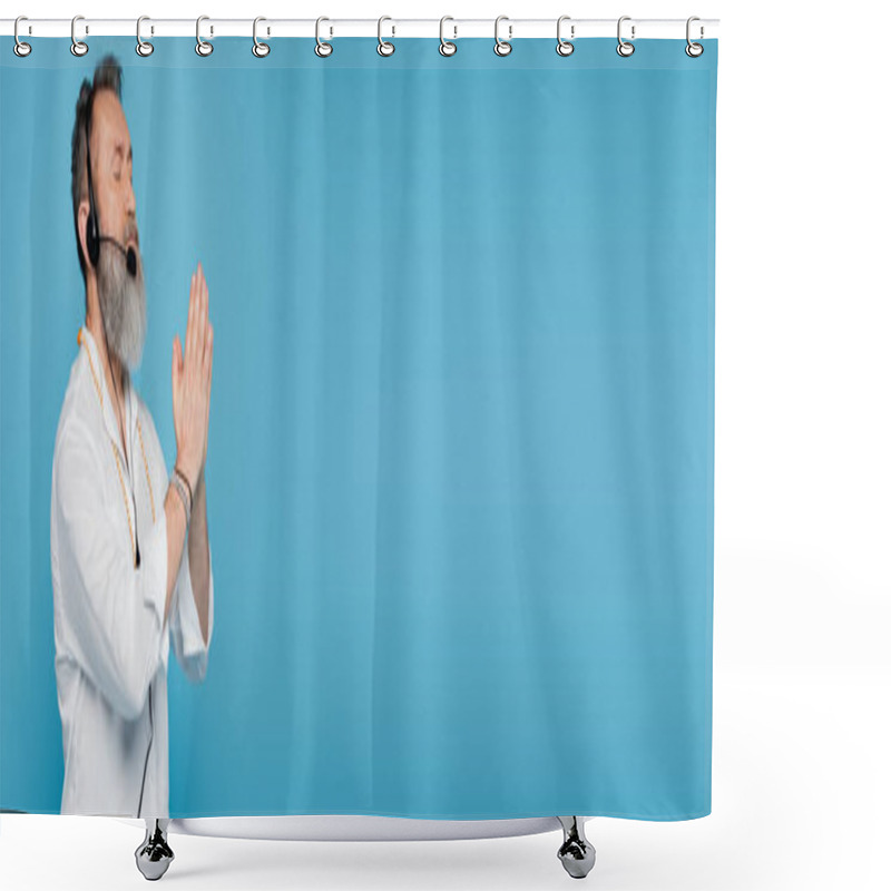 Personality  Bearded Guru Man In Headset Meditating With Praying Hands Isolated On Blue, Banner Shower Curtains