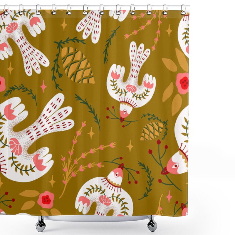 Personality  Folk Art Flying Holiday Birds Vector Seamless Pattern Shower Curtains