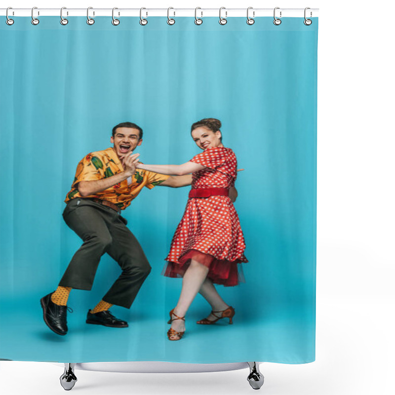 Personality  Cheerful Dancers Holding Hands While Dancing Boogie-woogie On Blue Background Shower Curtains