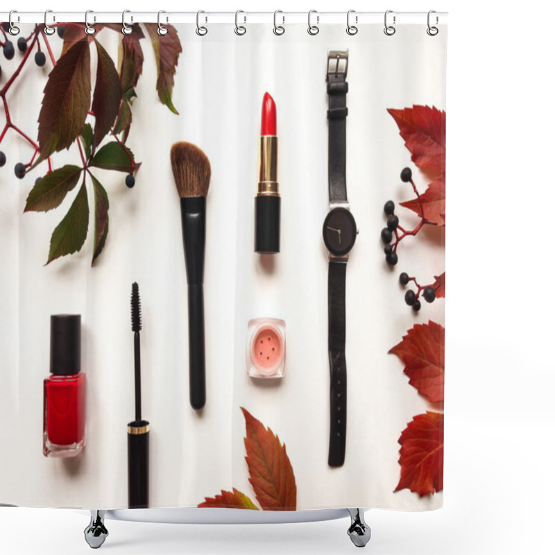 Personality  Decorative Flat Lay Composition With Cosmetics, Woman Accessories And Autumn Leaves And Berries. Flat Lay, Top View Shower Curtains