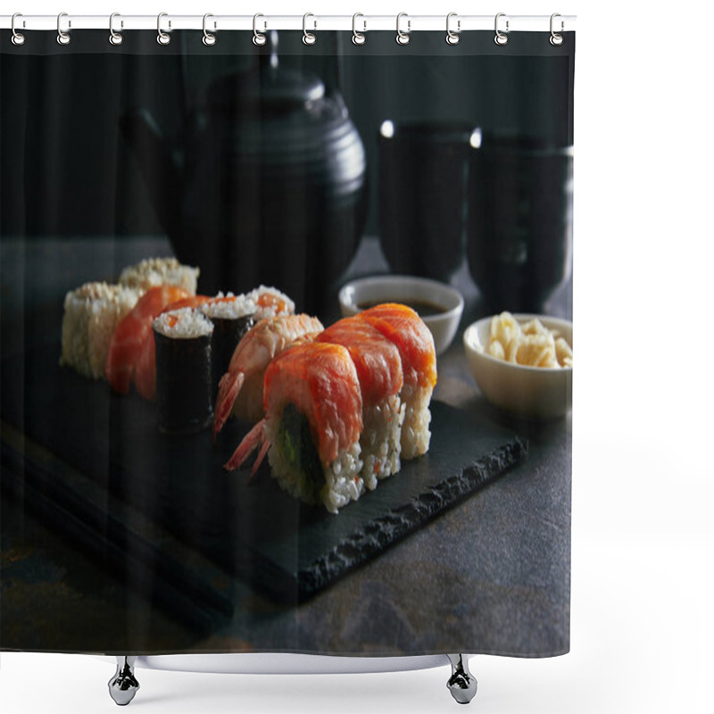 Personality  Food Composition With Sushi Set, Ginger And Soya Sauce In Bowls, Teapot And Cups With Tea On Dark Surface Shower Curtains