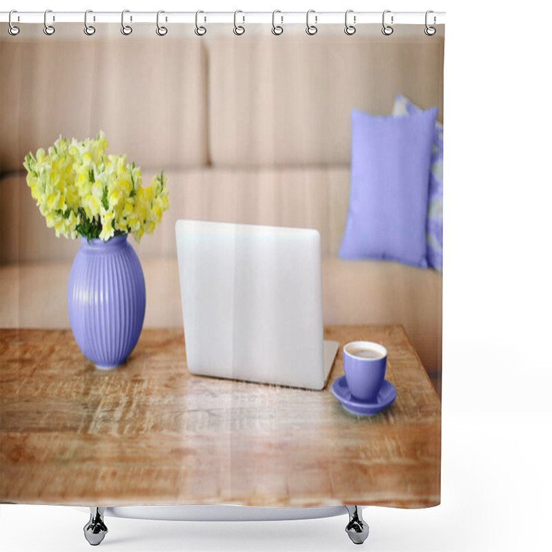 Personality  Open Laptop, Cup Of Coffee And Very Peri Vase With Beautiful Yellow Flowers On Retro Wood Textured Table In Minimalistic Living Room With Beige Couch In Background. Freelance Workplace At Home Shower Curtains