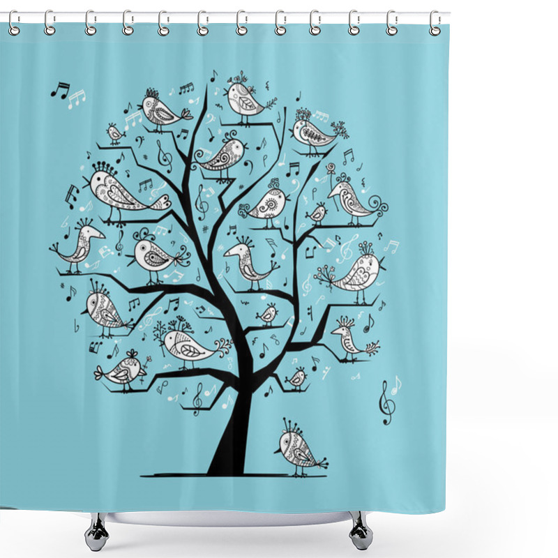 Personality  Funny Tree With Singing Birds For Your Design Shower Curtains