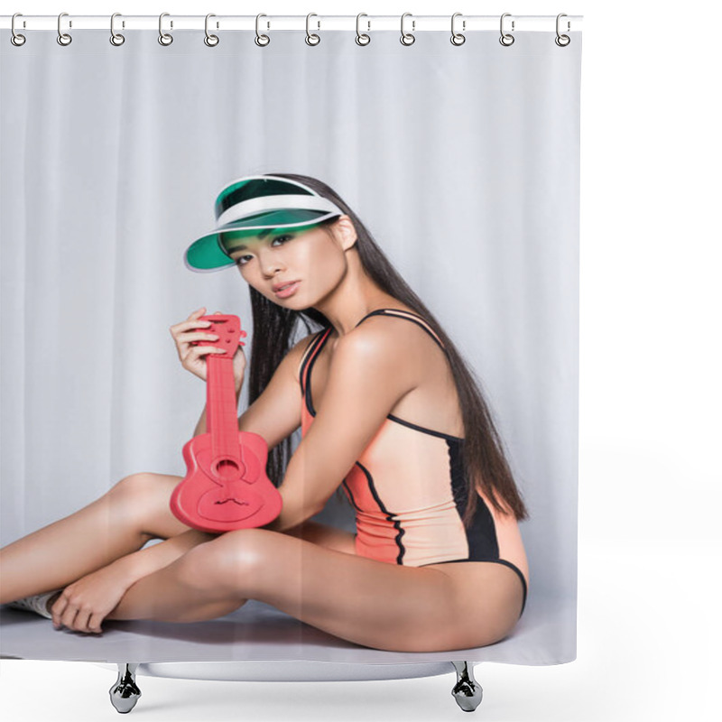 Personality  Woman In Swimsuit And Visor With Ukulele Shower Curtains