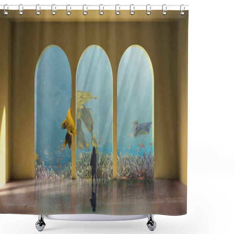 Personality  Surreal Visionary Aquarium With A Big Yellow Fish Which Escapes From The Cage While A Young Woman Watches The Scene, Freedom Concept, Imaginary Art Shower Curtains