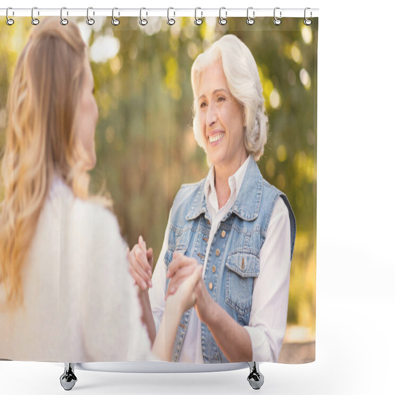 Personality  Cute Pensioner Holding Hands With Granddaughter In The Park Shower Curtains