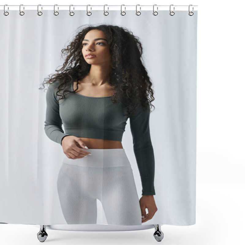 Personality  A Beautiful African American Woman With Long Curly Hair Works Out In A Grey Long-sleeved Crop Top. Shower Curtains