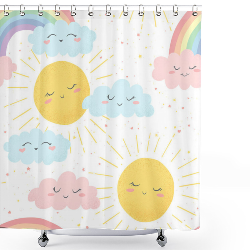 Personality  Vector Seamless Pattern With Cute Hand Drawn Cartoon Sun, Clouds And Rainbows Isolated On White Background. Design For Print, Fabric, Wallpaper, Card, Baby Room Decoration Shower Curtains