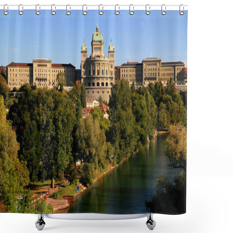 Personality  Bern, Switzerland - 09.09.2018: Photo With The View Of The Parliament Palace And The Are River Embankment In The Capital Of Switzerland - The City Of Bern Shower Curtains