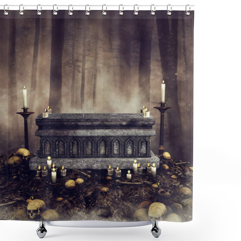 Personality  Dark Forest Scene With A Gothic Altar, Candles, Skull And Bones Scattered Around It. 3D Render. Shower Curtains