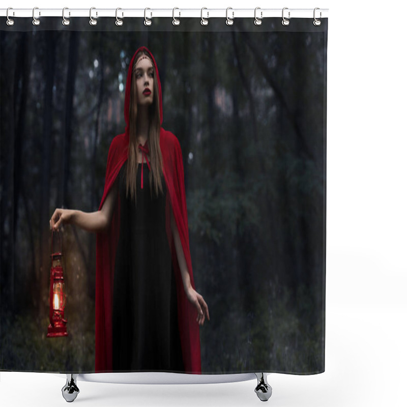 Personality  Elegant Mystic Girl In Red Cloak With Kerosene Lamp Walking In Dark Woods  Shower Curtains