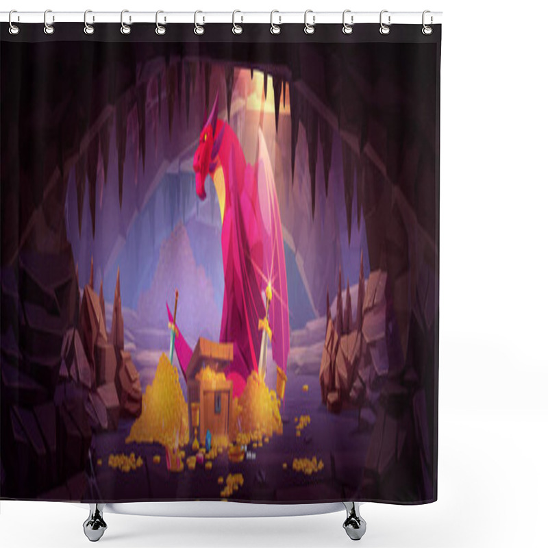 Personality  Dragon Defense And Guard Treasure In Cave. Cartoon Landscape Of Dungeon With Fantastic Animal Near Coins And Jewelry. Fairytale Fantasy Creature With Wings Defend Pile Of Gold And Diamonds Underground Shower Curtains