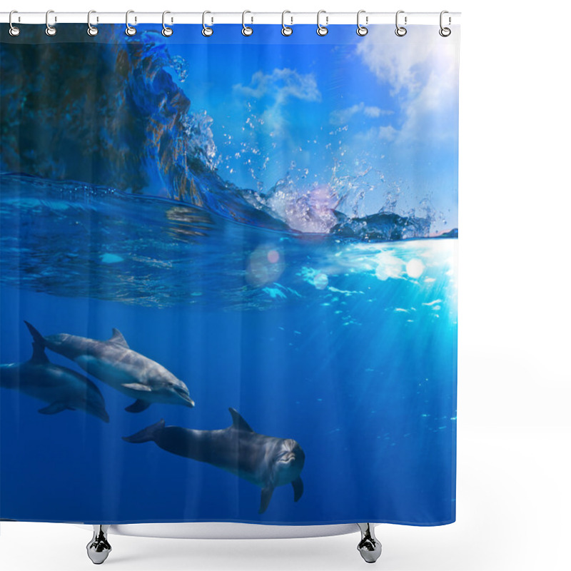 Personality  A Small Flock Of Dolphins Playing In Sunrays Underwater Shower Curtains