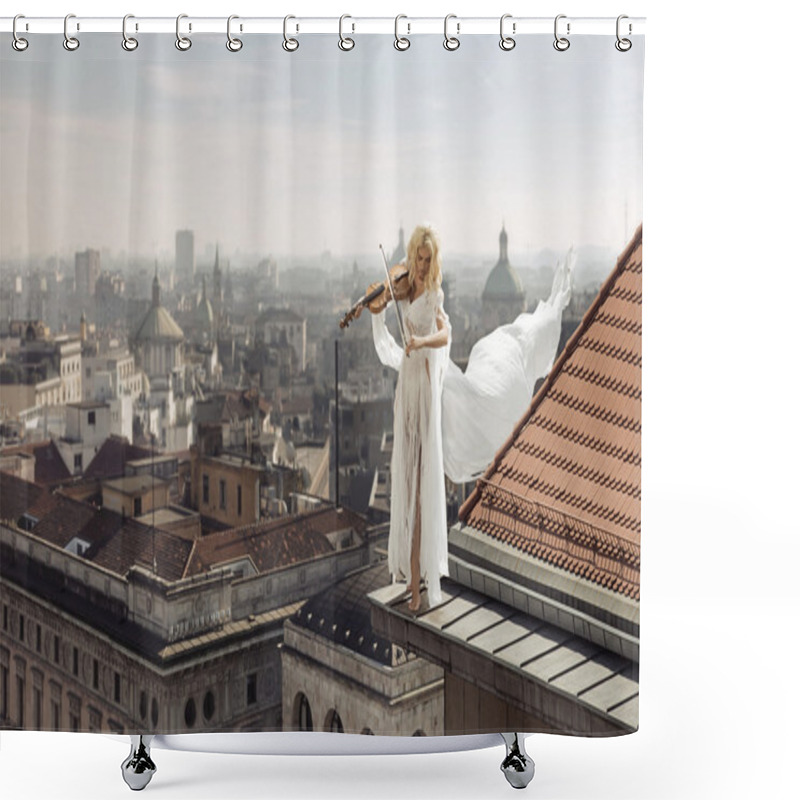 Personality  Woman Playing The Violin On The Top Of The Edge Of The Roof Shower Curtains