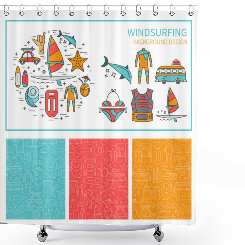 Personality  Vector Set Of Icons Windsurfing And Seamless Pattern Shower Curtains