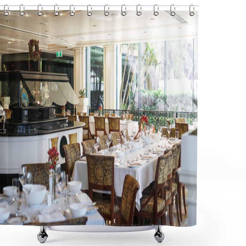 Personality  GOLD COAST, AUSTRALIA - DECEMBER,2018: Dining Tables Prepared For Lunch In Versace Hotel, The World's First Fashion Branded Hotel, Located By The Southport Broadwater In Main Beach. Shower Curtains