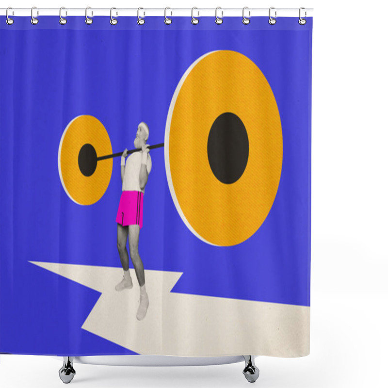 Personality  Composite Trend Artwork Sketch Image 3D Photo Collage Of Sport Effort Exercise Dynamic Silhouette Aged Man Lift Dumbbell Strong Power. Shower Curtains