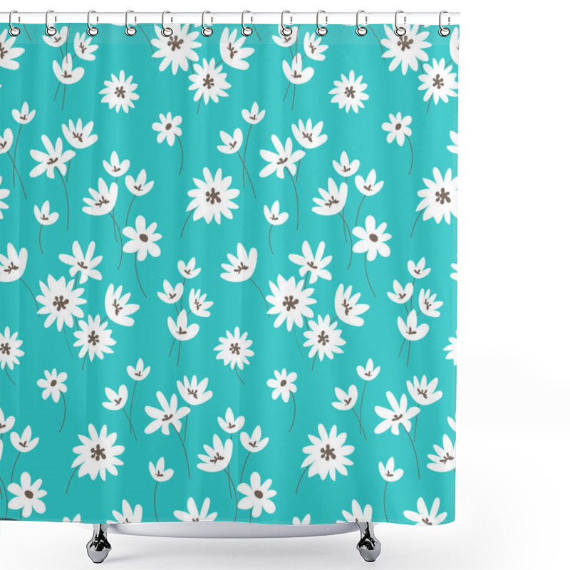 Personality  Seamless Floral Pattern White Flowers On Turquoise Background. Vector Illustration. Ditsy Style. Design For Fabric, Wrapping Paper, Background, Wallpaper, Kids Fashion. Shower Curtains