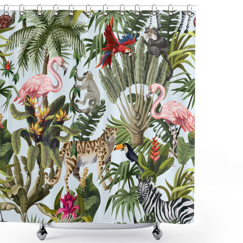 Personality  Seamless Pattern With Jungle Animals, Flowers And Trees. Vector. Shower Curtains