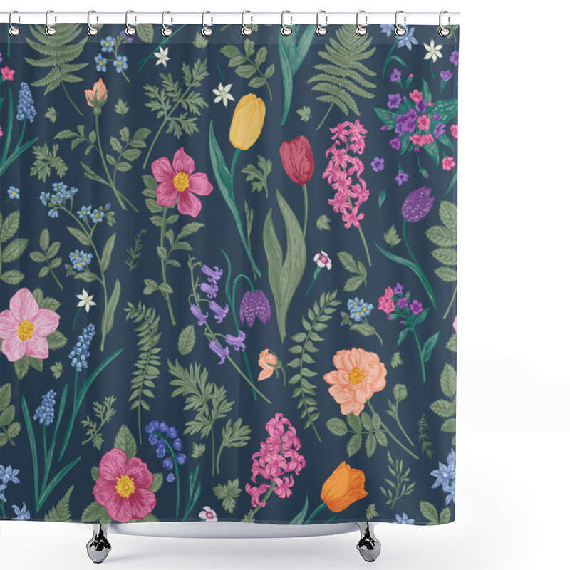 Personality  Vintage Print With Small Flowers On A Dark Background. Vector Floral Seamless Pattern. Spring And Summer Garden And Meadow Plants. Shower Curtains