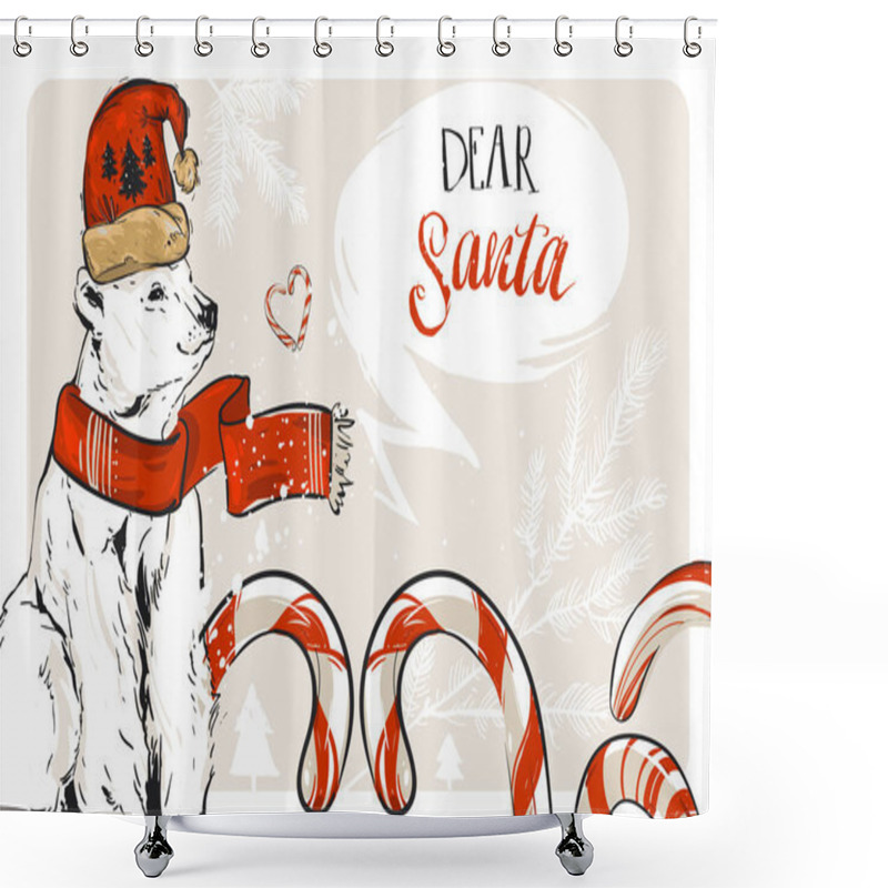 Personality  Hand Drawn Vector Graphic Merry Christmas Save The Date Greeting Decoration Card With Candy Canes And North Polar Bear Isolated On Pastel Background.Journaling,Birthday,wedding Concept.Unusual Card Shower Curtains