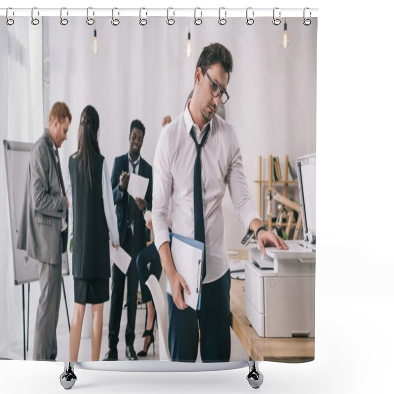 Personality  Young Handsome Businessman Using Copier At Office With Blurred Colleagues On Background Shower Curtains