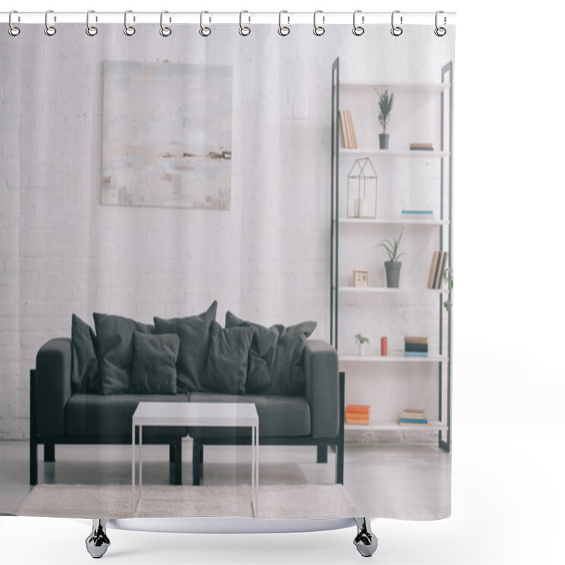 Personality  Black Sofa Near Coffee Table And Rack In Modern Living Room  Shower Curtains