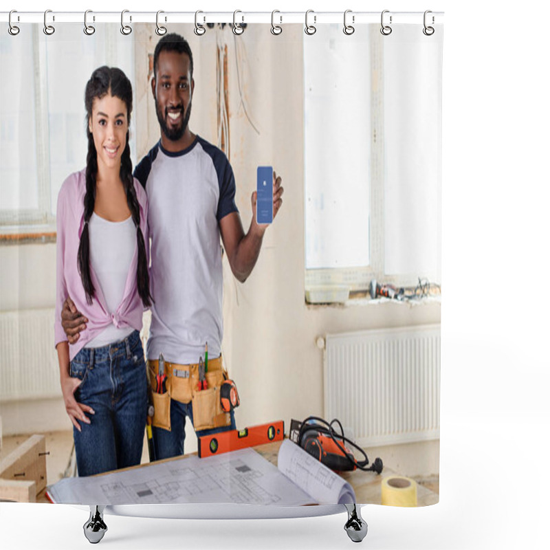 Personality  Couple Holding Smartphone With Facebook App On Screen During Renovation Shower Curtains