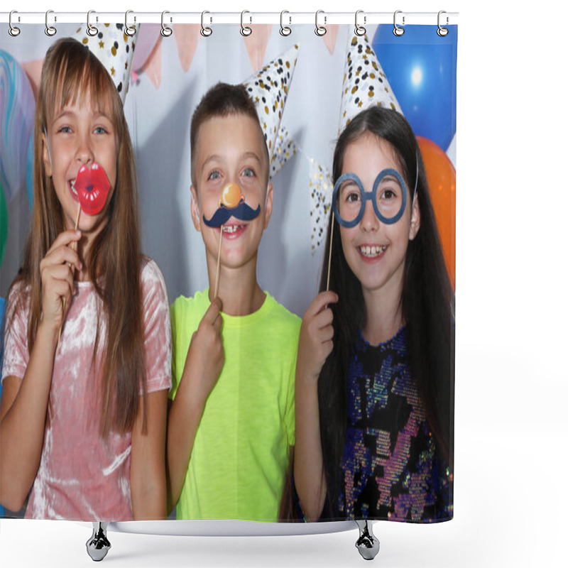 Personality  Happy Children With Photo Booth Props At Birthday Party Indoors Shower Curtains