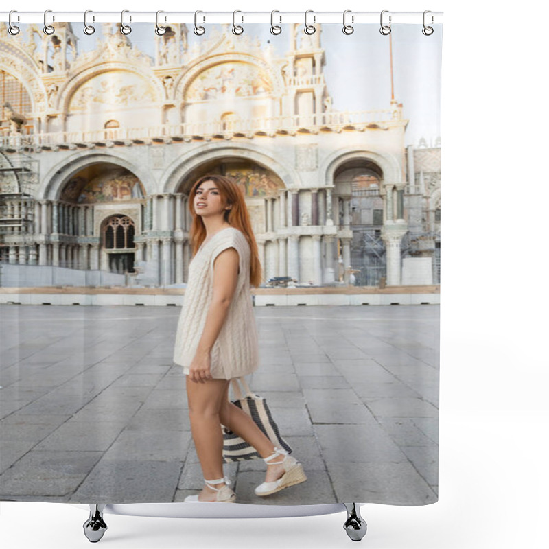 Personality  Young Woman In Knitwear Looking At Camera While Walking On St Marks Square In Venice Shower Curtains