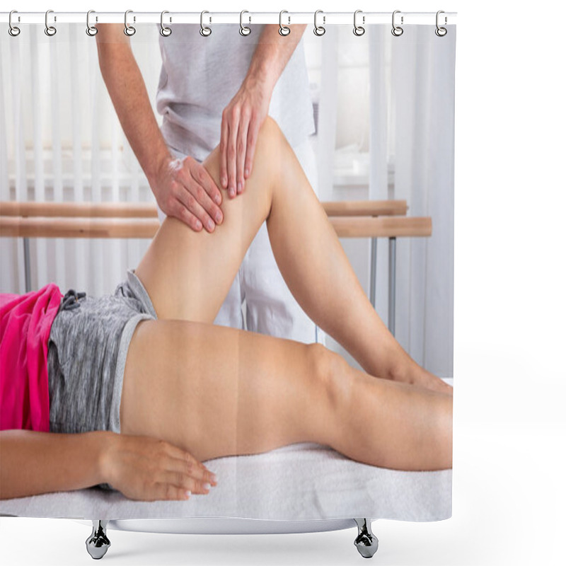 Personality  Young Male Therapist Giving Knee Massage To Female Patient Shower Curtains