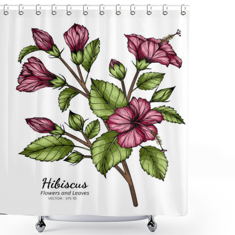 Personality  Pink Hibiscus Flower And Leaf Drawing Illustration With Line Art On White Backgrounds. Shower Curtains