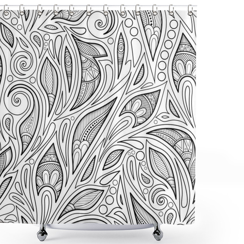 Personality  Monochrome Seamless Pattern With Floral Ethnic Motifs. Endless Texture With Damask Design Elements.Simple Coloring Book Page. Vector Contour Illustration Shower Curtains