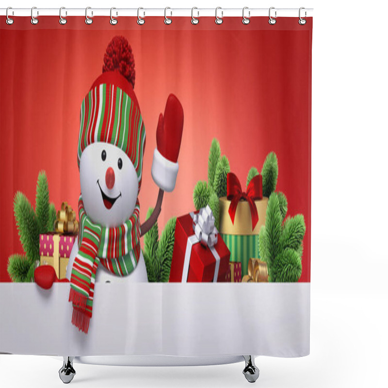 Personality  3d Render. Christmas Holiday Wallpaper. Red Background With Happy Snowman Mascot Waving His Hand, Wrapped Gift Boxes Shower Curtains