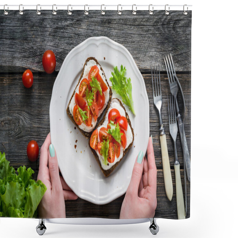 Personality  Healthy Toast Sandwiches With Cheese And Tomato On A Plate Shower Curtains