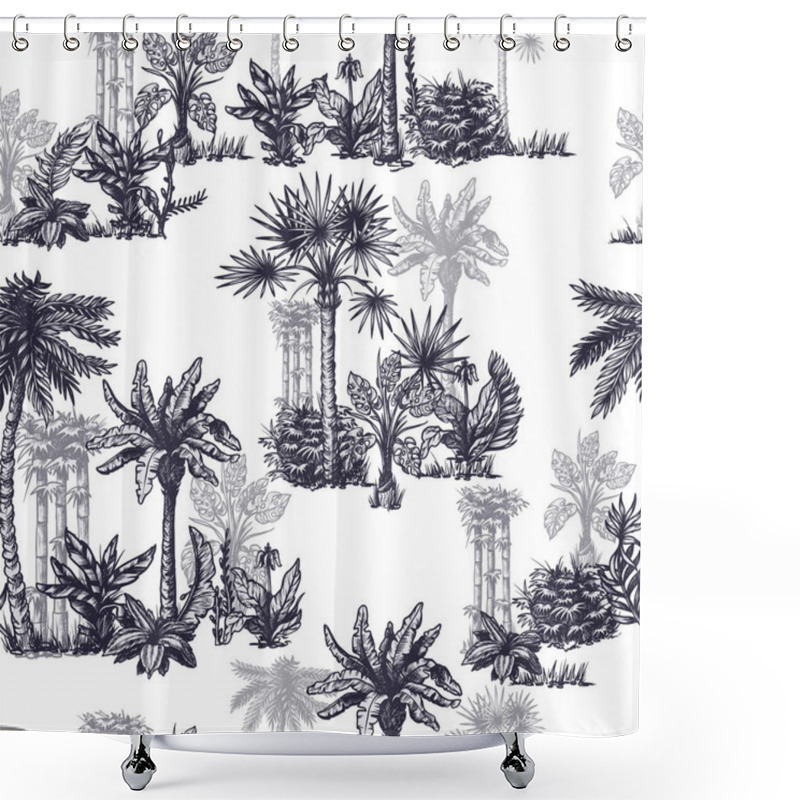 Personality  Seamless Pattern With Graphic Tropical Trees Such As Palm, Banana, Monstera For Interior Design. Vector Shower Curtains