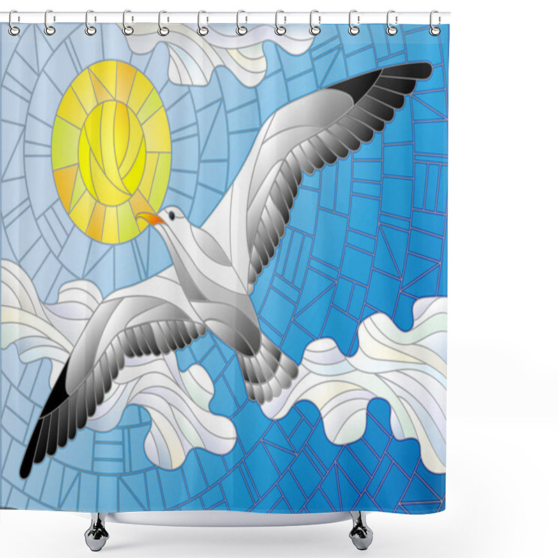 Personality  Illustration In Stained Glass Style Seagull On The Background Of Sky, Sun And Clouds Shower Curtains