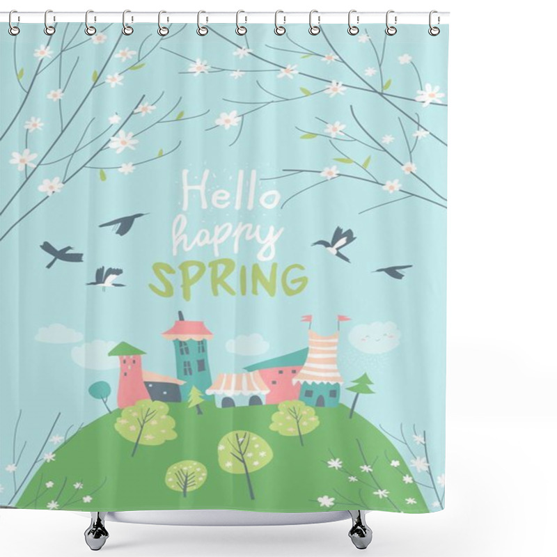 Personality  Cute Little Town In Blossom Trees. Hello Spring Shower Curtains