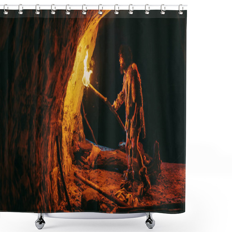 Personality  Primeval Caveman Wearing Animal Skin Exploring Cave At Night, Holding Torch With Fire Looking At Drawings On The Walls At Night. Cave Art With Petroglyphs, Rock Paintings. Side View Shower Curtains