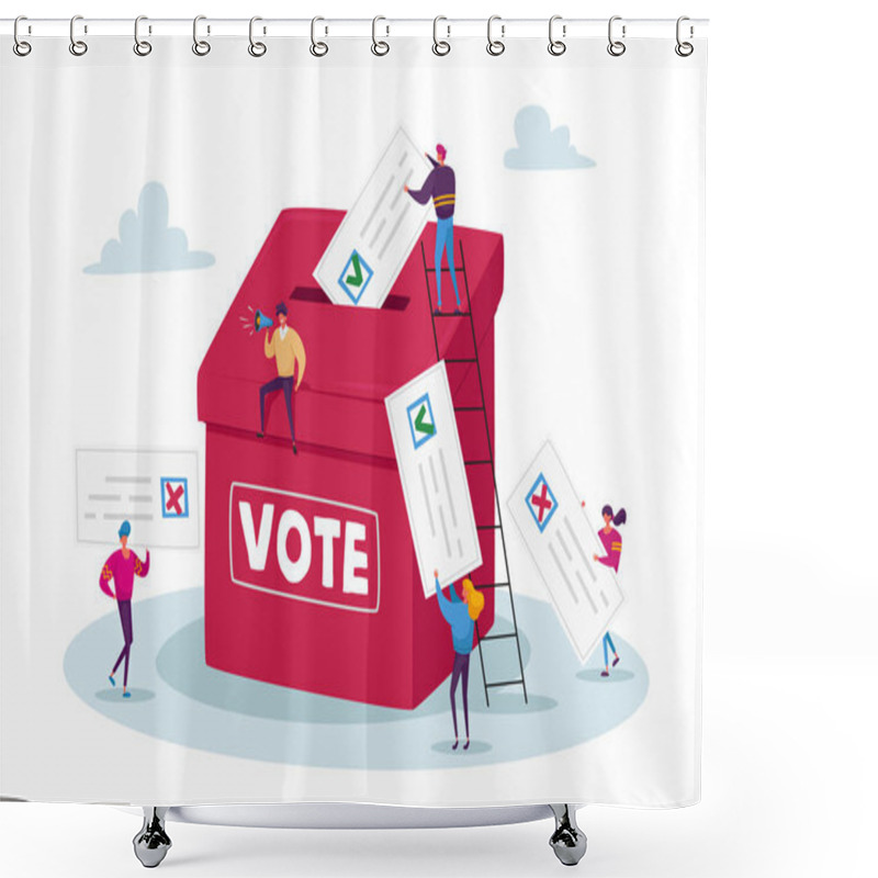 Personality  Election And Social Poll Concept. Tiny Voters Male And Female Characters Casting Ballots At Polling Place During Voting Shower Curtains