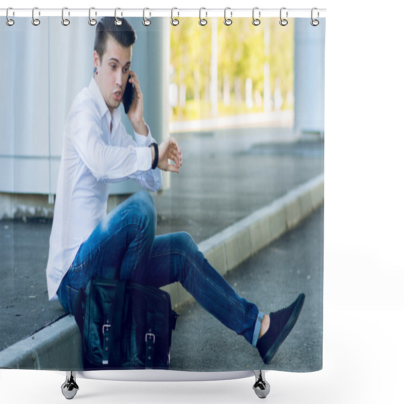 Personality  Handsome Young Man Talking Smartphone While Sitting Near Road Shower Curtains