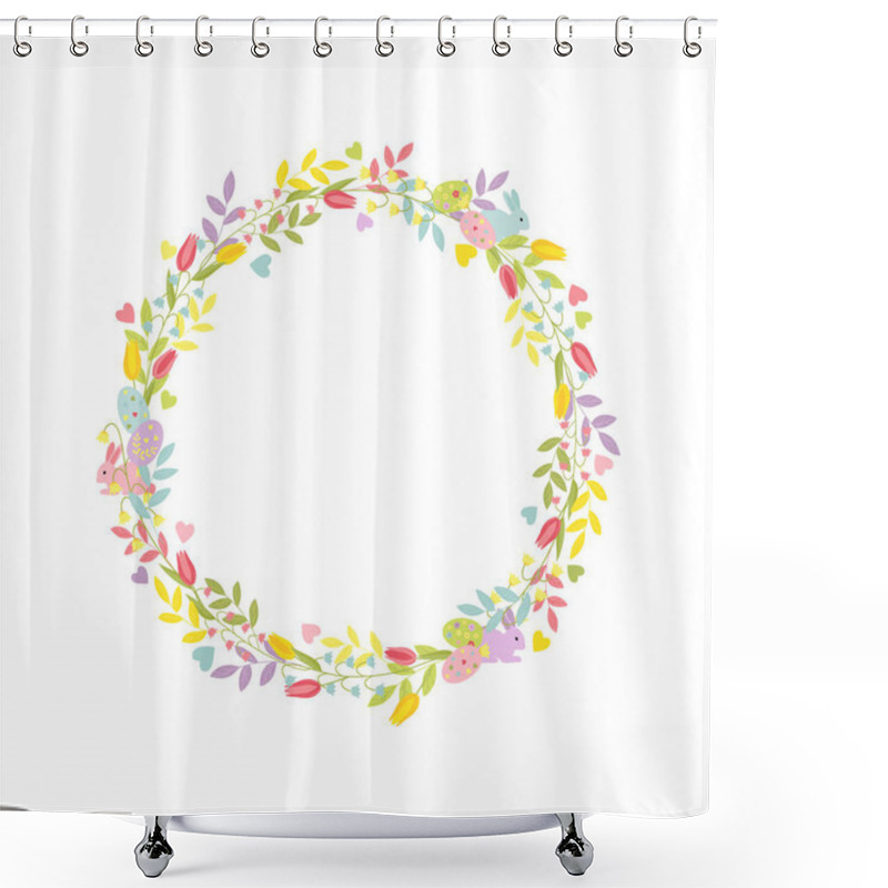 Personality  Easter Wreath With Cute Rabbits, Twigs, Hearts, Lilies Of The Valley, Tulips. Color Isolated Vector On White Background. Shower Curtains