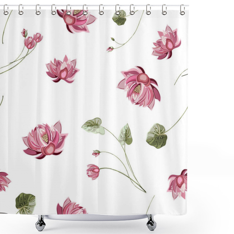 Personality  Trendy Floral Background With Lotus Flower And Green Leaves In Hand Drawn Style. Blooming Botanical Motifs Scattered Random. Vector Seamless Pattern Of Lily, Waterlily On White. Shower Curtains