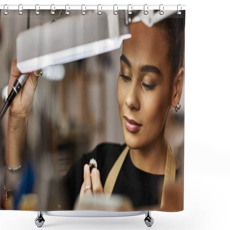 Personality  A Talented Woman Is Carefully Working On A Precious Gemstone, Showcasing Her Artistry And Focus. Shower Curtains